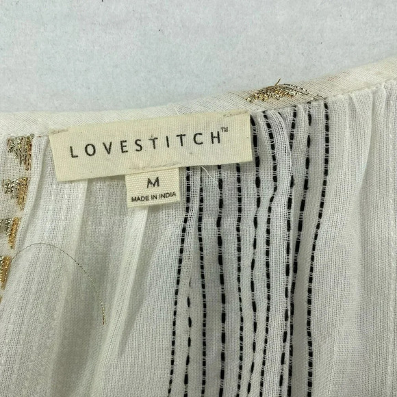 Lovestitch Blouse Women's Sz M Cream Striped Metallic Gold Puff Sleeves Tassel - Picture 6 of 12